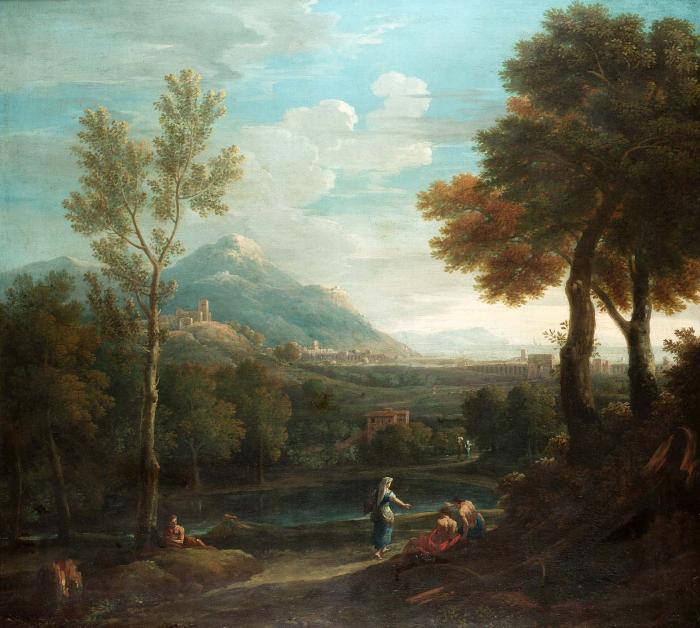 An Italianate landscape with classical figures beside-n and mountains beyon