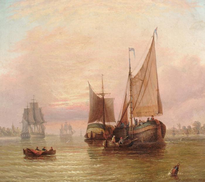 Boats in an estuary at sunset