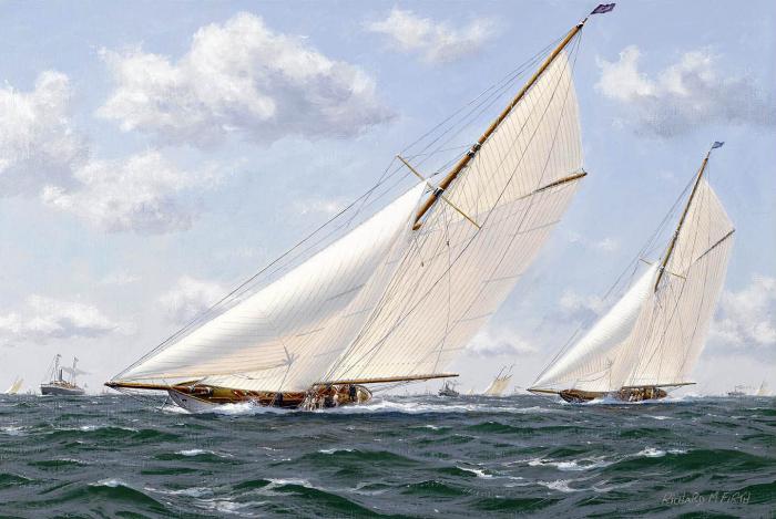Britannia and Westward Racing off Cowes; Vigilant and Valkyrie II Americas Cup (2) 1893