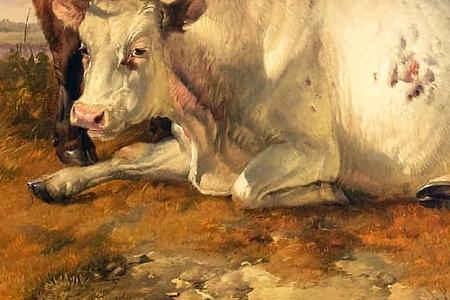 Фрагмент A bull and cows by a tree in a landscape