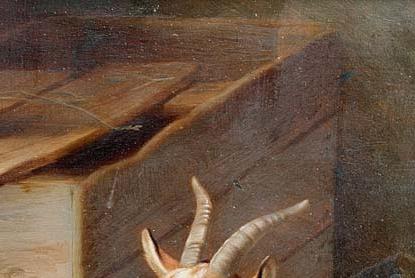 Фрагмент A goat and chickens inside a barn