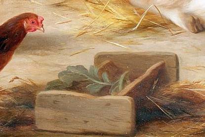 Фрагмент A goat and chickens inside a barn