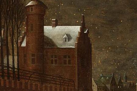 Фрагмент A moonlit winter landscape with figures in horse drawn sledges with townsfolk looking