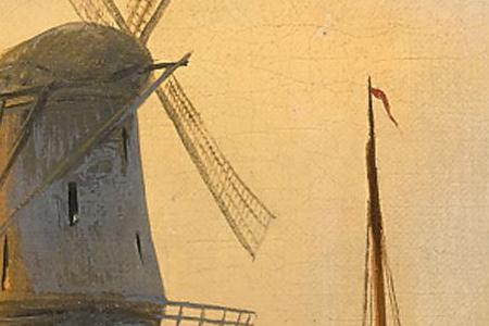 Фрагмент A RIVER LANDSCAPE WITH A WINDMILL SKATERS ON A FROZEN RIVER A PAIR