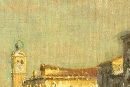 Фрагмент A view of a Venetian canal with gondolas in the foreground