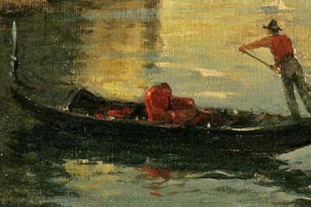 Фрагмент A view of a Venetian canal with gondolas in the foreground