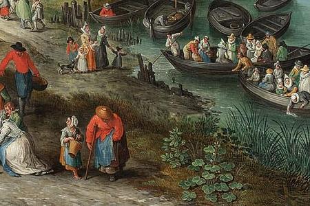 Фрагмент A village landscape with a portrait of Jan Brueghel the Elder and his-ther figures by a riveroil on panel