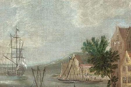 Фрагмент A village on a river with numerous figures on the bank a church beyond