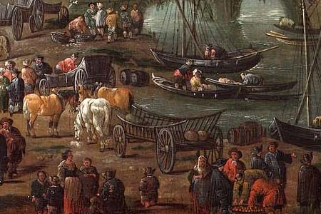 Фрагмент A village on a river with numerous figures on the bank a church beyond