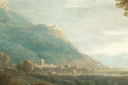 Фрагмент An Italianate landscape with classical figures beside-n and mountains beyon