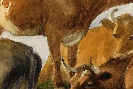 Фрагмент CATTLE ALONG THE RIVERBANK SHEEP RESTING IN A WINTER LANDSCAPE