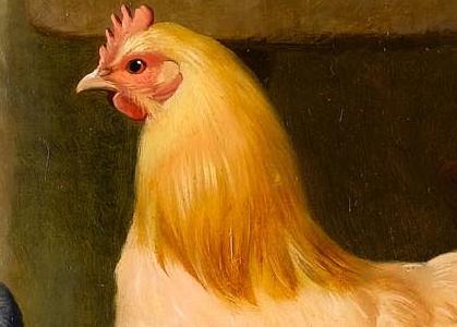 Фрагмент Chicken chicks and pigeons outside a cottage