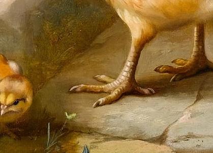 Фрагмент Chicken chicks and pigeons outside a cottage