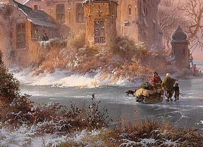 Фрагмент FIGURES ON A FROZEN WATERWAY A SNOW COVERED CASTLE