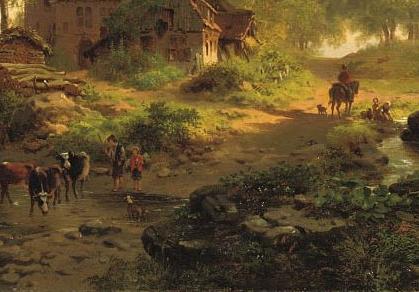 Фрагмент Figures on a sunlit path near a mansion 2