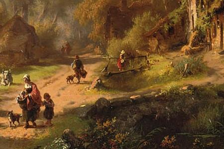 Фрагмент Figures on a sunlit path near a mansion