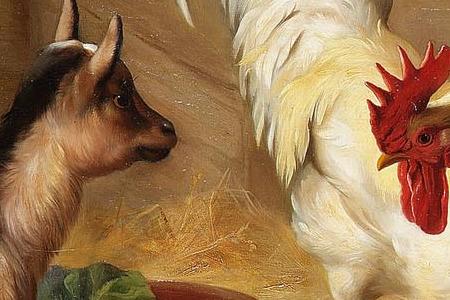 Фрагмент Goats chickens and chicks in a barn