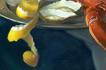 Фрагмент Lobster oysters and a lemon on a pewter plate with other objects on a table