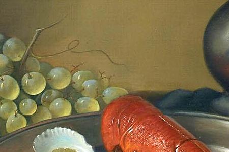 Фрагмент Lobster oysters and a lemon on a pewter plate with other objects on a table