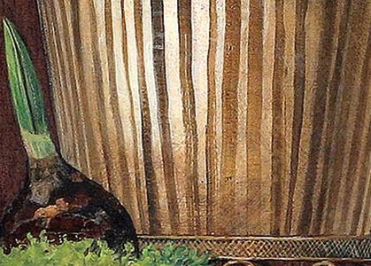 Фрагмент Натюрморт красный камод с горшком пророщенной травкой