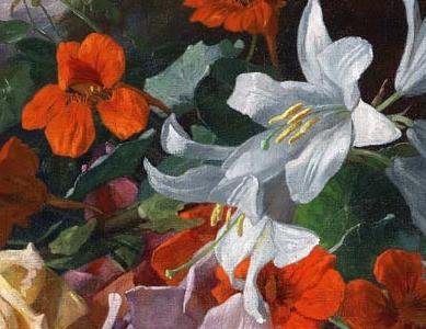 Фрагмент Натюрморт с розами, гладиолусами и лилией