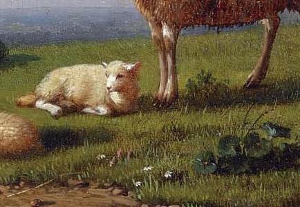 Фрагмент SHEEP RESTING WITH DUCKS IN A LANDSCAPE SHEEP AND CHICKENS