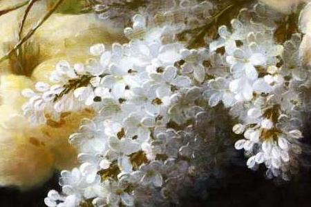Фрагмент STILL LIFE WITH ROSES AND WHITE LILACS ON A TABLE