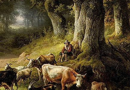 Фрагмент Wooded landscape with a herdsman and his cattle resting under an oak tree