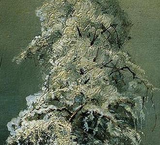 Фрагмент Зимний пейзаж с избушкой вечером