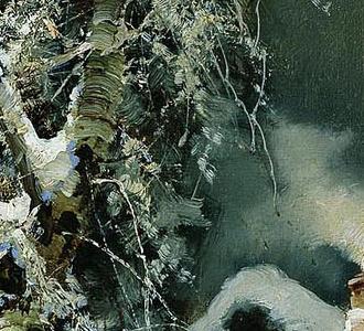 Фрагмент Зимний пейзаж с избушкой вечером