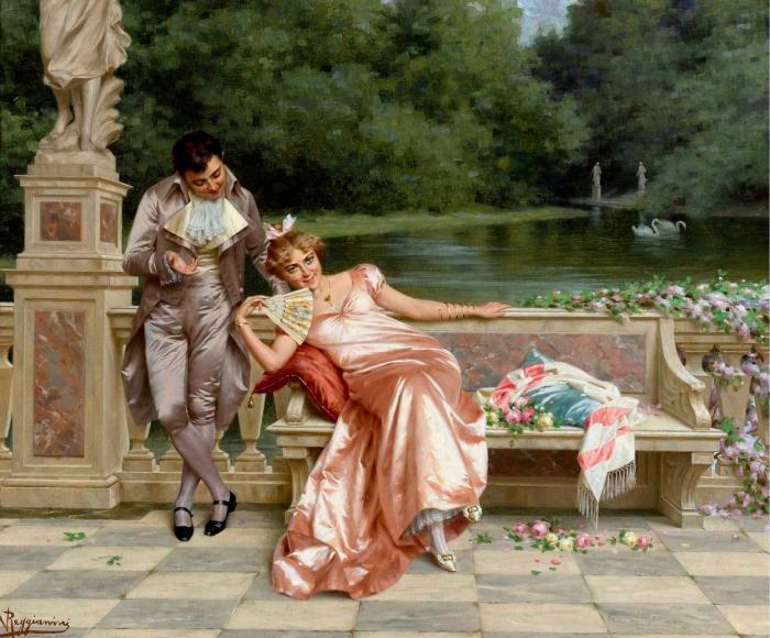 Дама и ковалер на берегу озера с лебедями