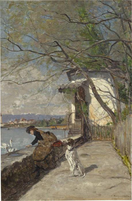 Дама кормит лебедей