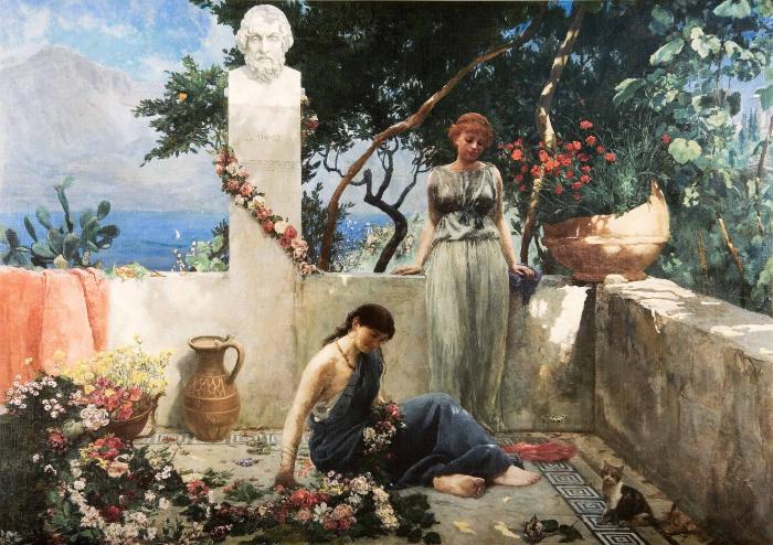 Девушки на террасе у бюста Гомера