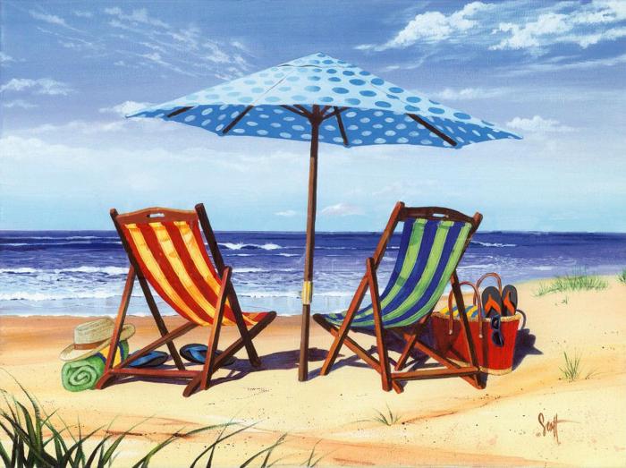 Два шизлонга под зонтом