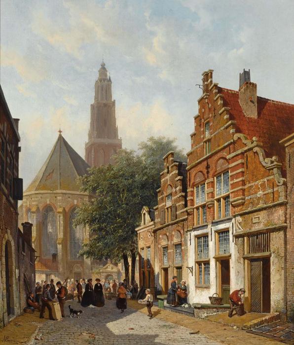 ELEGANT FIGURES IN A SUNLIT DUTCH TOWN