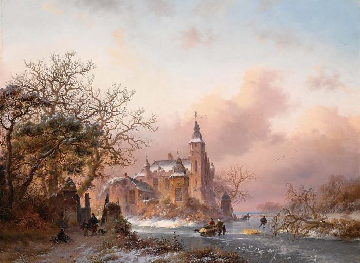 FIGURES ON A FROZEN WATERWAY A SNOW COVERED CASTLE