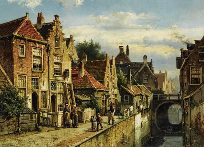 FIGURES ON A QUAY IN A SUNLIT TOWN POSSIBLY HAARLEM