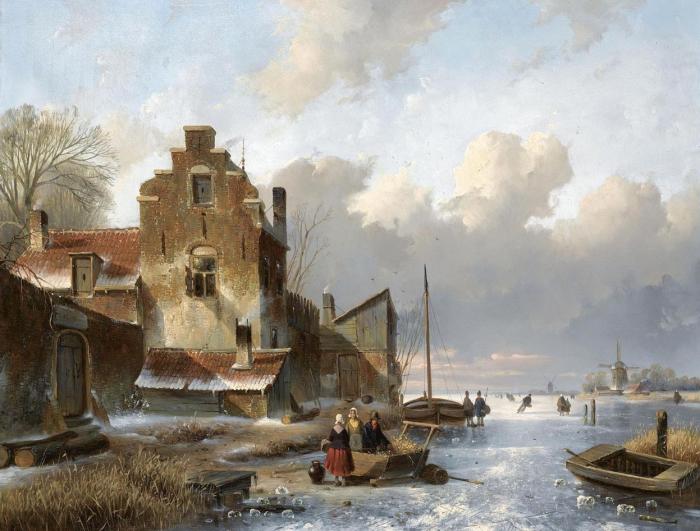 FIGURES ON THE ICE UNLOADING A SLEDGE