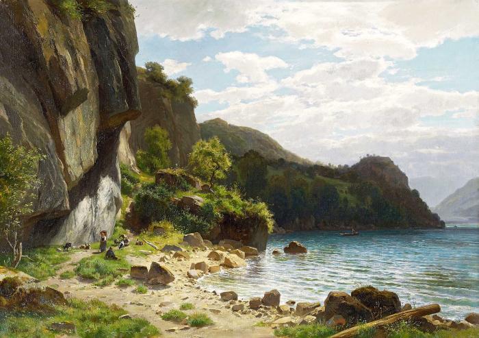 GOATHERD WITH FLOCK AT THE LAKESIDE