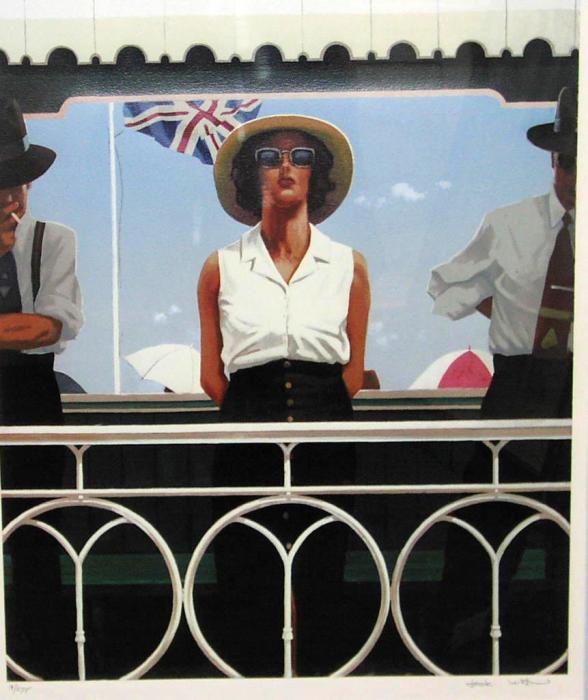 Lady on a beachside veranda flanked by gentleman