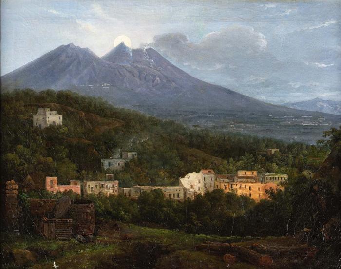 Mount Vesuvius with a village and ruins in the foreground