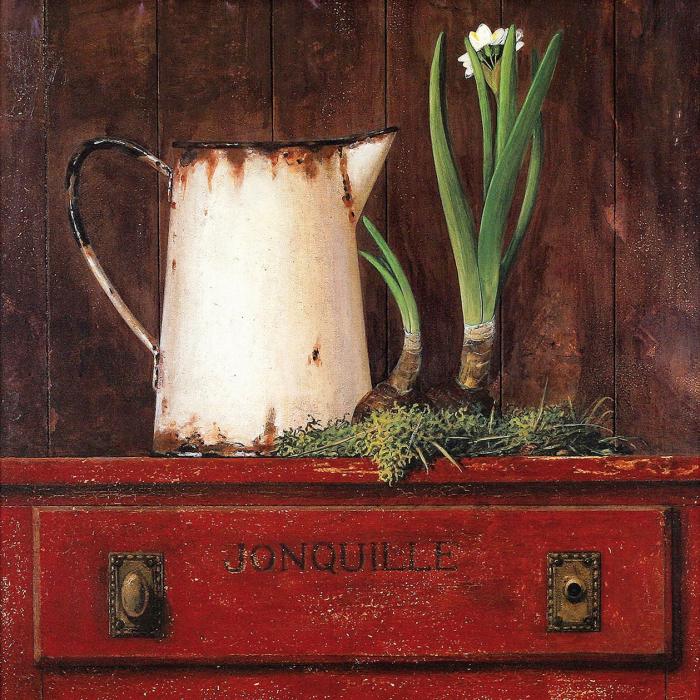 Натюрморт красный камод с белой металической кружкой