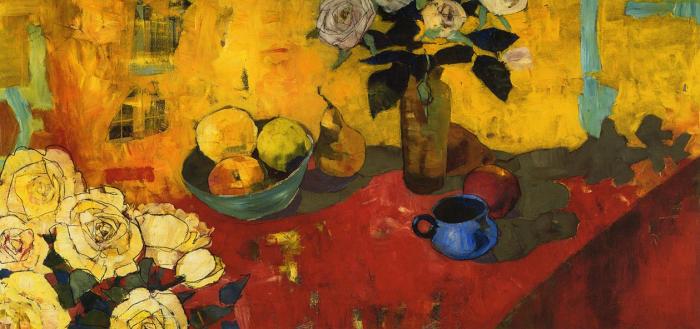 Натюрморт с розами и голубой чашкой