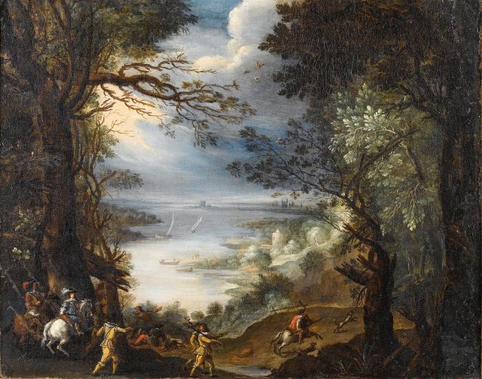 Noblemen hunting deer in a wooded landscape