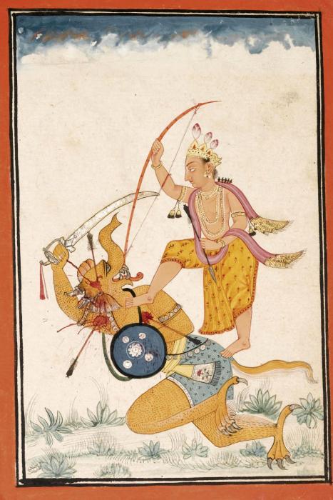 PARASHURAMA SLAYING AN ELEPHANT-HEADED DEMON-India Bilaspur 1700