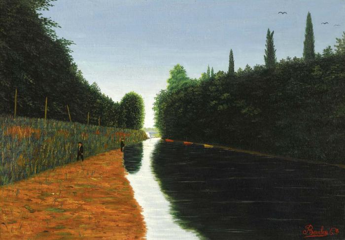 PAYSAGE DEUX HOMMES MARCHANT LE LONG D UNE RIVIERE