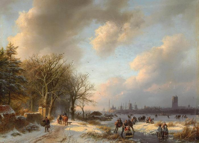 Skaters on a waterway with a koek-en-zopie beyond