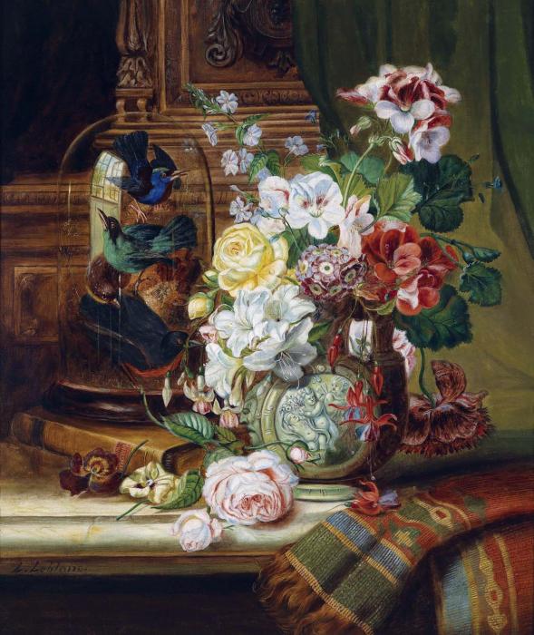 still life in a vase and songbirds