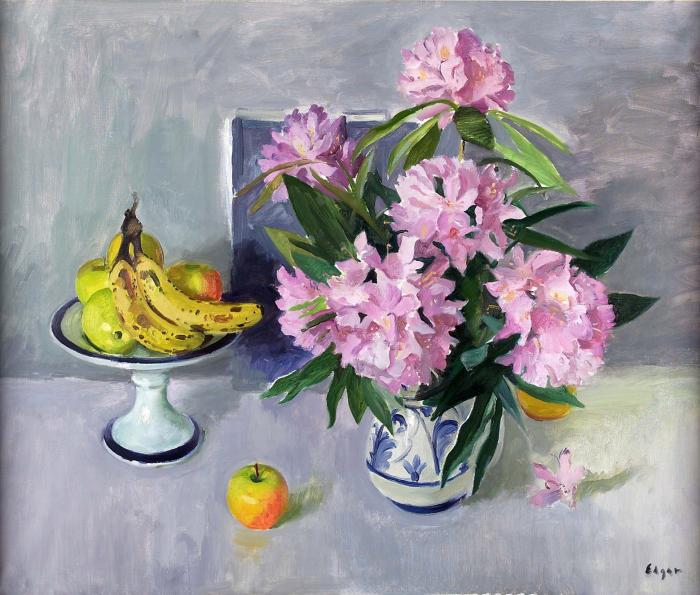 Still life of azaleas and fruit