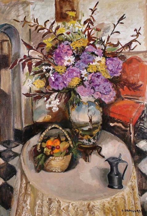 Still Life with Flowers Bowl of Fruit and Pewter